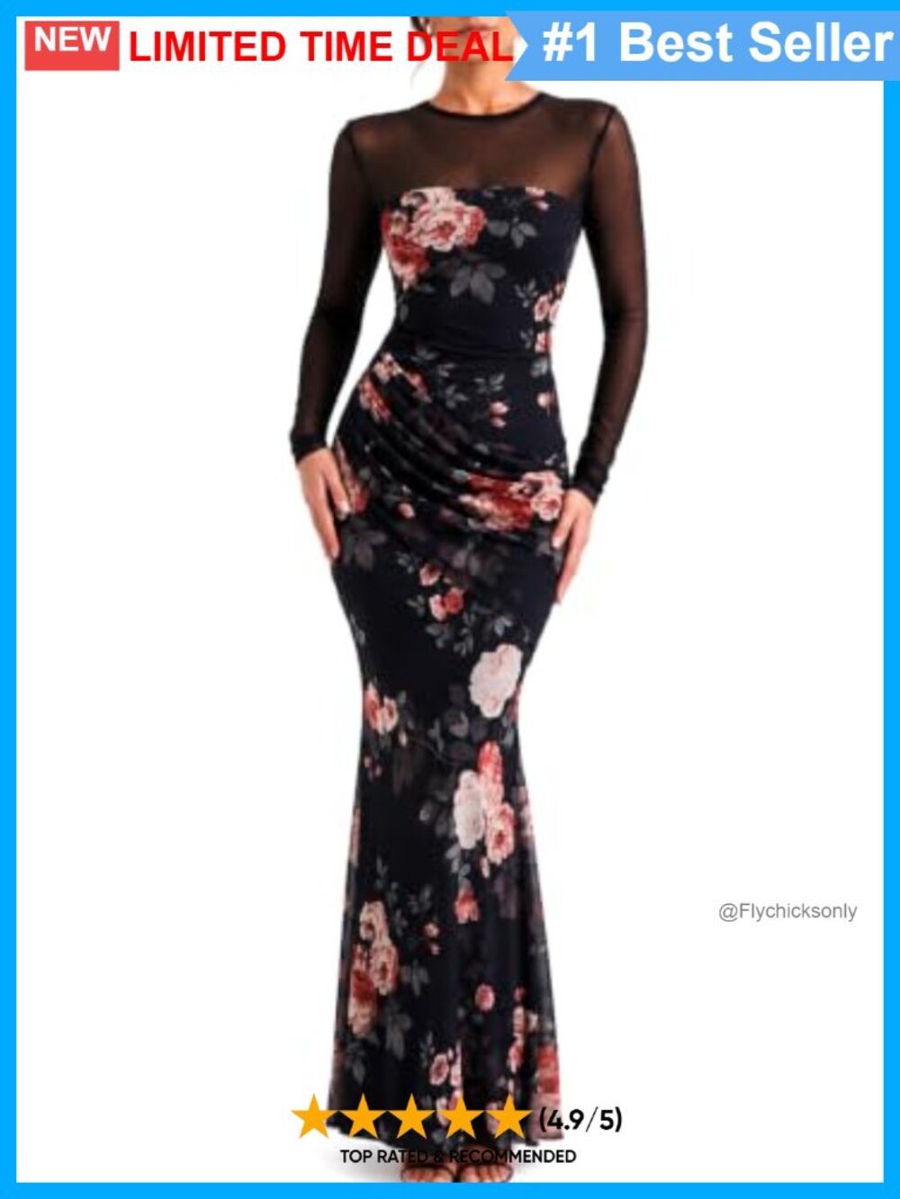 Mesh Floral Long Sleeve Bodycon Mermaid Maxi Dress